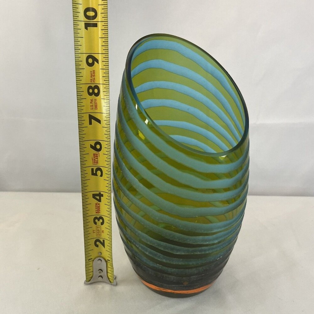 $55 Vintage Cyan Design Angle Cut Etched Art Deco Glass Tall Vase Green Blue - Picture 7 of 7